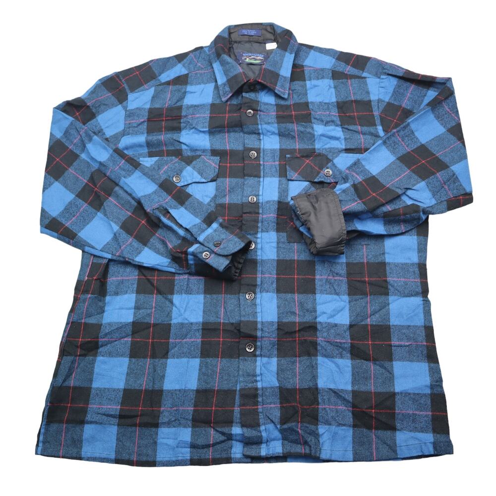 Backpacker Shirt Men L 16-16.5 Blue Plaid Flannel Acrylic Button Up Long Sleeve